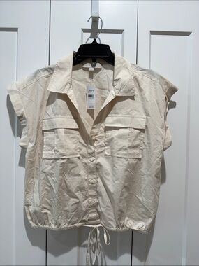 LOFT Cream Short-Sleeve Drawstring Button-Down Utility Shirt